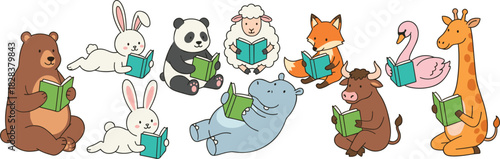 Cartoon animals, reading books, sitting together, promoting literacy, education, learning, fun, classroom, kids,illustration, community, group, panda, bear, rabbit, giraffe, fox, flamingo, sheep