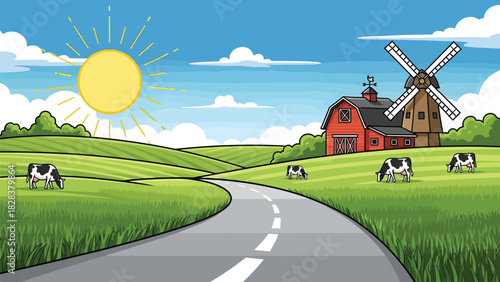 Sunny Countryside Farm With Grazing Cows