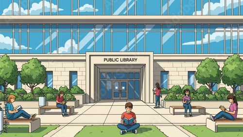 People Enjoying Reading Outside Library Entrance