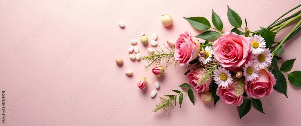 Obraz premium An artistic arrangement of a romantic bouquet blends various flower species, providing leading lines that draw the eye while leaving ample copy space.