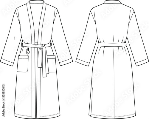 Bathrobe technical sketch, fashion cad flat, vector drawing robe design, sleepwear fashion template, front back view, garment illustration, design