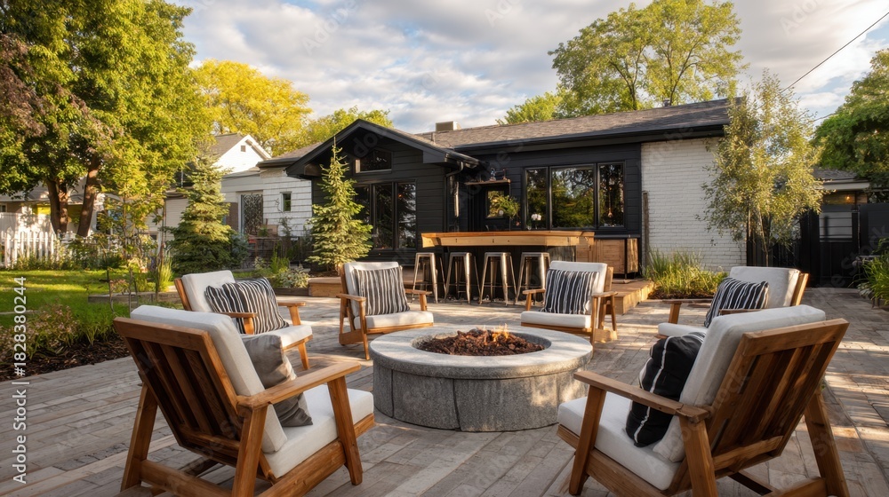 Obraz premium A welcoming outdoor space with comfortable chairs around a fire pit. The modern house in the background complements the lush greenery during a sunny afternoon in a peaceful neighborhood.
