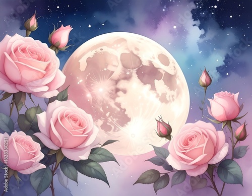 Softly lit pink roses bloom before a large, radiant moon, amidst a dreamy, starry sky