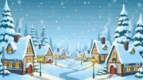 Peaceful Winter Village Under Falling Snow
