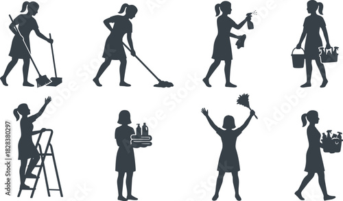 Cleaning activity silhouettes, household chore icons, domestic work poses, black vector illustration, cleaning service concept, home maintenance design