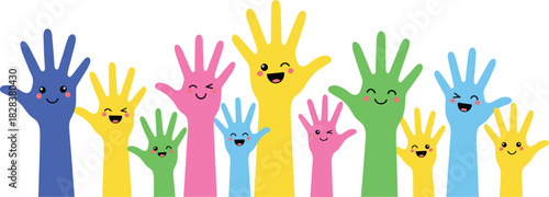 Colorful cartoon hands, smiling expressions, diversity celebration illustration, playful unity design, cheerful community concept, white background, educational vector art