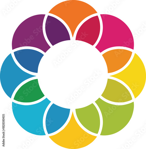 Colorful circular petals, abstract ring, overlapping shapes, infographic design, symmetry art, vibrant pattern, vector graphic, unity symbol, process icon