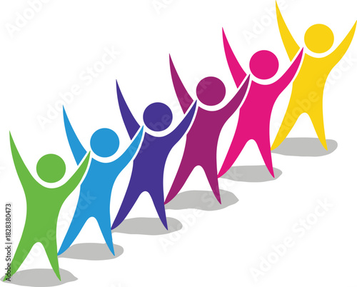 Colorful human chain, abstract unity pose, raised arms illustration, diversity celebration design, teamwork concept, white background, inclusive vector art