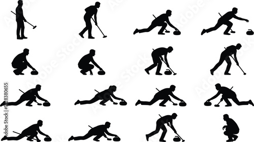 Curling delivery sequence, athlete silhouette poses, curling stone release, winter sport motion, vector illustration, sweeping action, ice sport technique