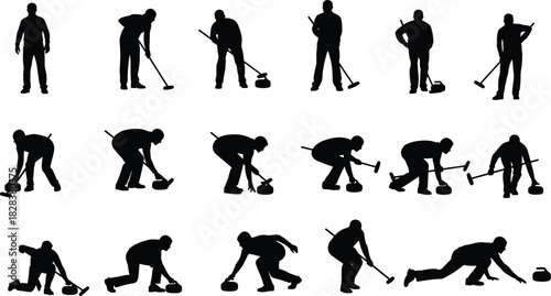Curling silhouette collection, sport poses with broom and stone, black vector icons, ice game motion, athletic delivery technique illustration