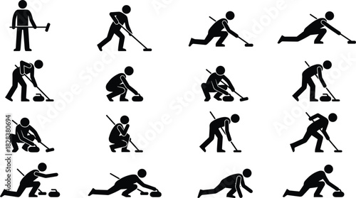 Curling sport silhouettes, athlete poses, curling motion sequence, winter sports vector, sweeping action, curling stone delivery, black figure illustration