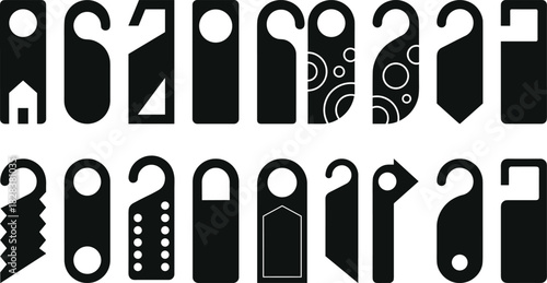 Door hanger silhouette set, black vector icons, creative cutout shapes, minimal design, signage template, product branding, marketing illustration