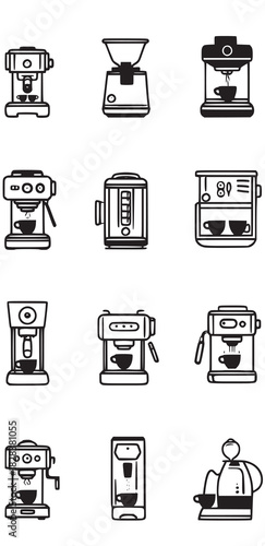 This image is a collection of minimal, black-and-white line art icons depicting various types of coffee preparation equipment, including espresso machines, coffee makers, a grinder, and a kettle.