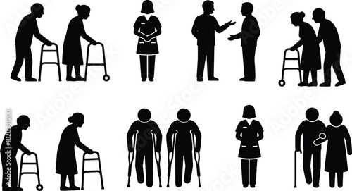 Elderly care silhouettes, healthcare support icons, mobility assistance figures, walker and cane usage, medical staff interaction, black vector illustration