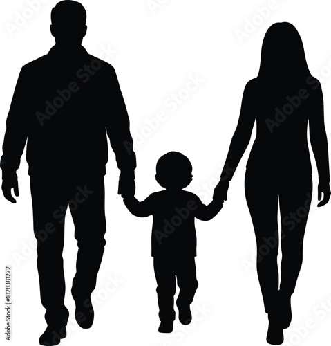 Family walking together, silhouette illustration, parenting concept, child with parents, black and white vector, unity theme, social bond, peaceful moment, minimalist design