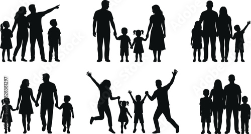 Family silhouettes, parents and children, holding hands, jumping, waving, pointing, black vector, diverse group, happy moments, togetherness, bonding, love, caring, parenting