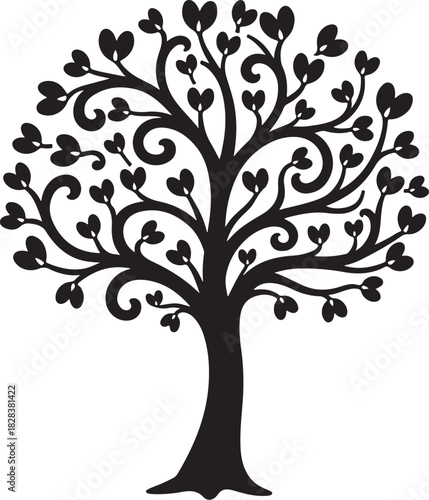 Black silhouette of a stylized tree with heart shaped leaves