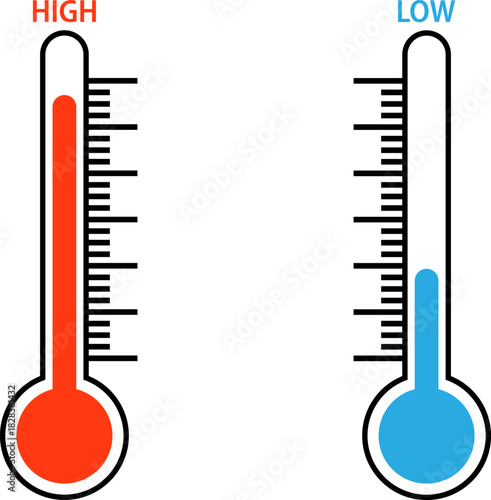 Two thermometers showing high and low temperatures