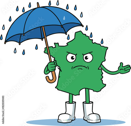 France cartoon character, rainy weather illustration, angry map face, umbrella and boots, puddle scene, blue outline, white background, climate mood