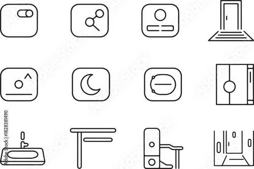 A modern outline icon set for vision-friendly UI. High contrast toggle, zoom UI element, simplified layout badge, moon icon, colorblind-safe palette, and text tracking control. Vector illustration