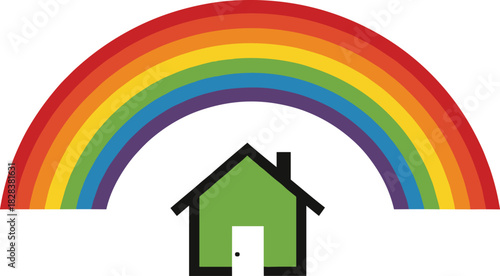 Green house, rainbow arch, colorful design, home symbol, vibrant illustration, nature icon, hope theme, vector graphic, cheerful art, diversity concept