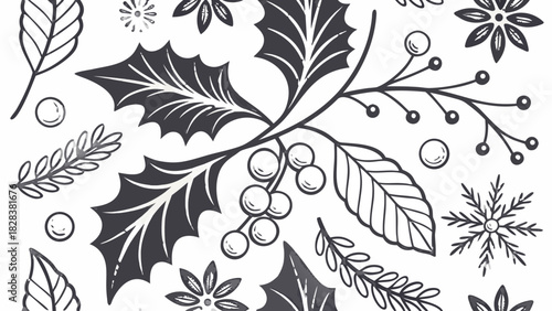 Seamless Pattern of Holly Berries and Snowflakes Black and White Vector,  A black and white seamless pattern featuring linocut-style holly leaves, berries, fir branches, and snowflakes on a white back