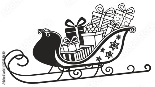 Santa's Sleigh Silhouette Filled with Gifts and Presents Vector, A black silhouette illustration of Santa's sleigh overflowing with various gift boxes and decorated with stars and snowflakes.