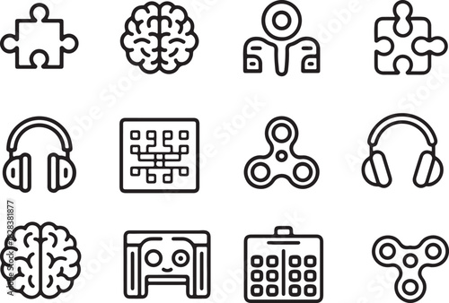 A sleek linear black icon set showing neurodiversity support. Autism puzzle, ADHD brain, sensory room, headphones, routine chart, and fidget tool. Vector illustration