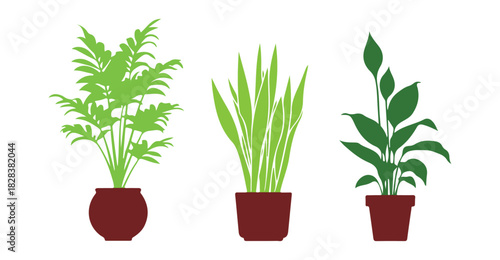 Multicolored houseplants. Flowerpot icons for gardens, indoor plants growing in pots, and leafy botanical decorations for office styling. Vector set. Exotic foliage and potted flowers for your home.