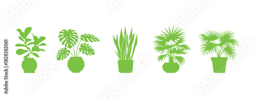 Vibrant houseplants. Icons of flowerpots for gardens, indoor plants flourishing in pots, and leafy botanical decor for office spaces. Vector assortment. Exotic foliage and potted blooms for home.