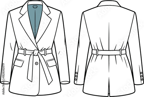 Belted blazer coat flat sketch, front and back view, fashion cad, technical drawing, vector template, outerwear design illustration