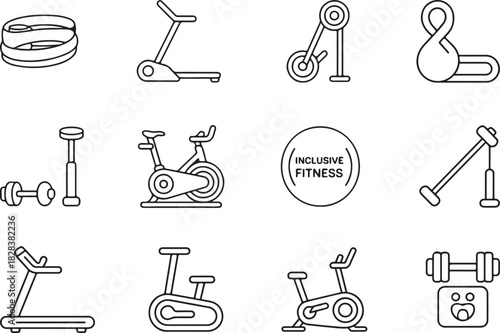 A smooth black outline set for accessible fitness. Resistance bands, adaptive treadmill, seated exercise bike, stretch pole, mobility-friendly weights, and inclusive fitness badge. Vector illustration