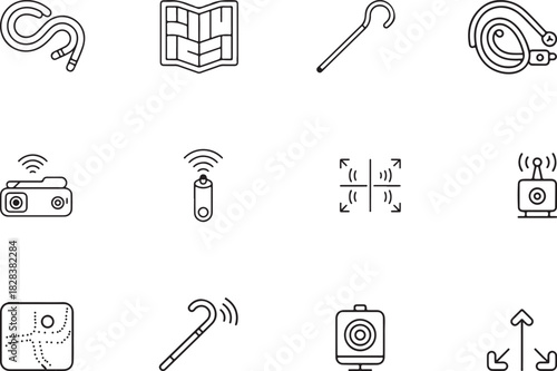 A smooth line icon set illustrating blind navigation tools. Guide rope, tactile map, ultrasonic cane, beacon transmitter, audio navigation app, and floor guidance arrows. Vector illustration