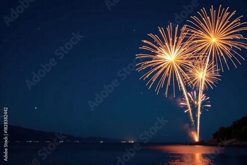 Golden fireworks illuminate a midnight blue sky Elegant New Year's greeting , design, light, stars