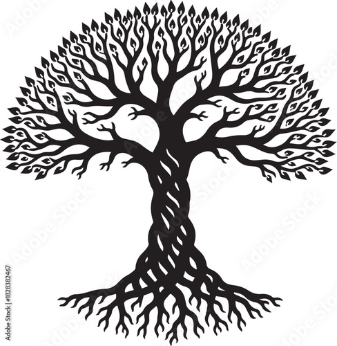 Black silhouette of a stylized tree with twisted trunk and roots