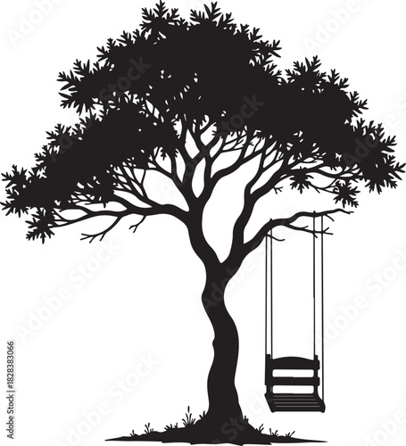 Black silhouette of a tree with a swing white