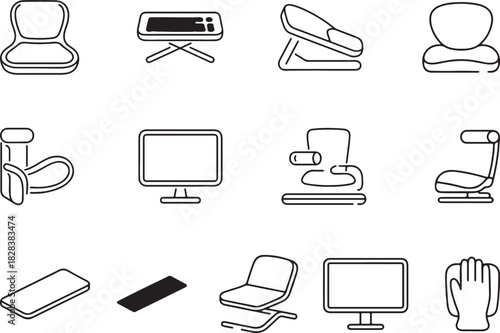 A soft-line icon set of ergonomic support items. Lumbar cushion, adjustable keyboard tray, footrest, posture brace, monitor riser, and wrist support pad in clean black vector linear form