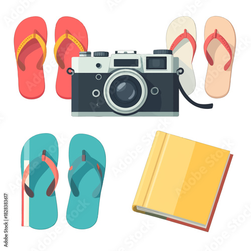 Vintage Camera And Assorted Flip Flops With A Yellow Book On White Background