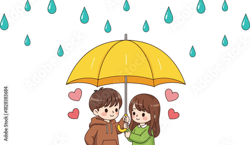 Cute boy and girl under yellow umbrella in rain, romantic flat cartoon illustration of love, friendship, protection, rainy day scene