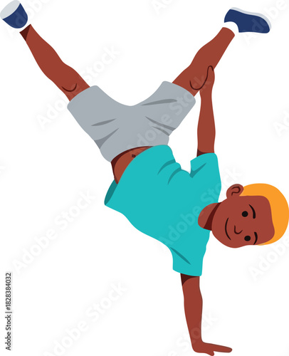 Boy performing breakdance handstand on white background