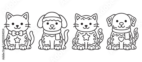 Cute black and white line art of christmas cats and dogs decorated like gingerbread cookies with hearts stars and scarves. Vector set illustration in cartoon style