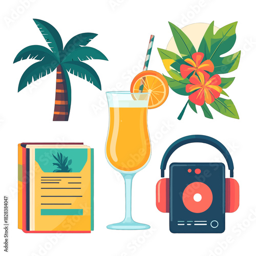 Tropical Vacation Elements With Orange Juice Cocktail Palm Tree Book And Headphones On White Background