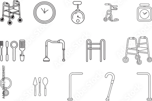 A black linear outline set for elderly accessibility. Walker with wheels, medication clock, fall alarm pendant, comfort cane, adaptive utensil set, and stability handrails. Vector illustration