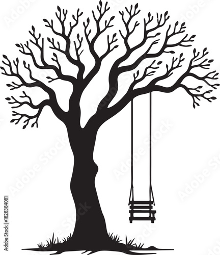 Black silhouette of bare tree with wooden swing white