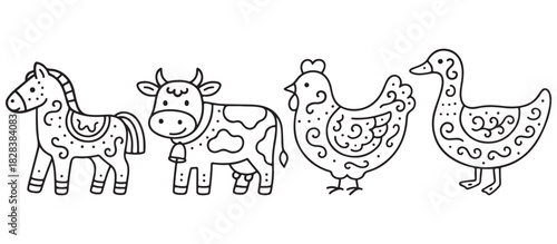 Cute farm animals set including horse, cow, chicken, and duck. black and white line art style vector illustration collection