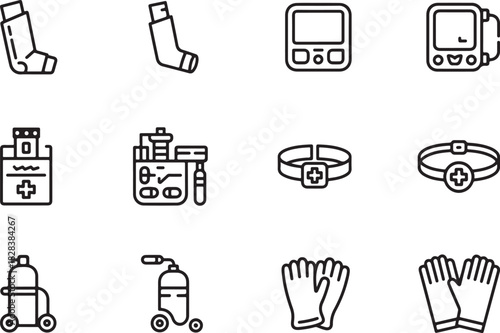 A black outline icon set for medical accessibility devices. Inhaler, blood glucose reader, oxygen tank on wheels, medication organizer, medical alert bracelet, and compression gloves vector
