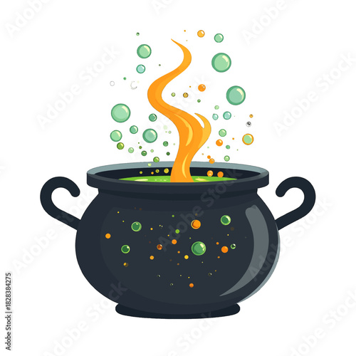 Pixel Art Cauldron Bubbling with Orange and Green Potion and Spooky Swirls Against a White Background