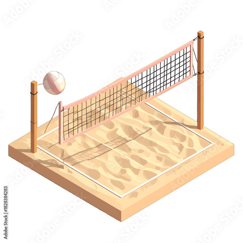 Pixel Art Beach Volleyball Court With Net And Ball On Sandy Ground During Daytime