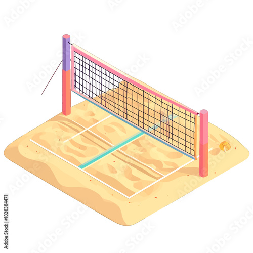 Isometric Beach Volleyball Court With Sand And Net Under Bright Daylight