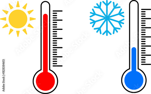 Thermometers showing hot and cold temperatures with sun and snowflake icons